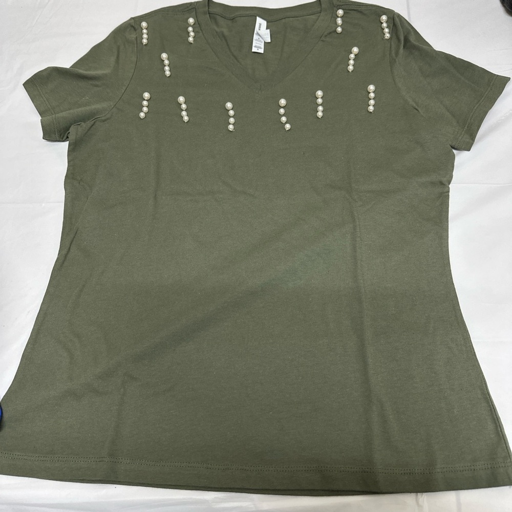 Elegant Olive Green Women's Top with Pearl Details